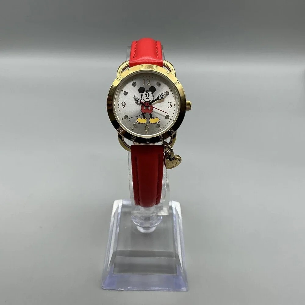 Disney Girls Watch 28mm Mickey Mouse Red Leather Gold Silver Tone New Battery